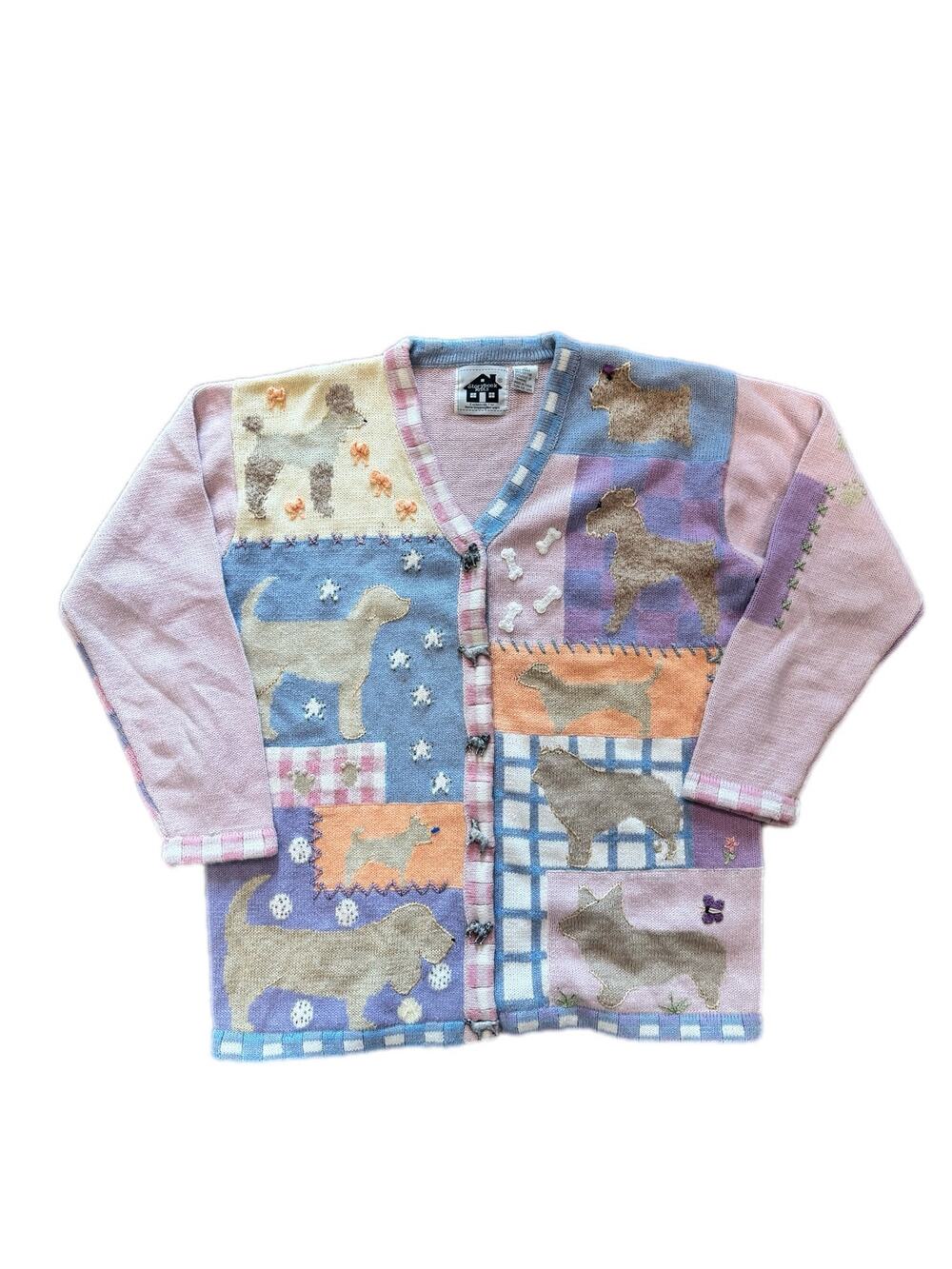 RARE Storybook Knits Dog Show Cardigan Pastel Ramie Cotton M Doggies Pets